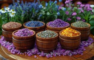 AI generated Variety of dried herbs and flowers in wooden bowls photo