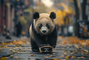 AI generated Cute panda playing with skateboard in the autumnal city photo