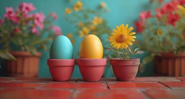 AI generated Easter eggs and flower in the flowerpots. photo