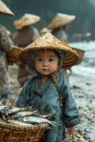 ai generado un bebé con un sombrero es caminando a lo largo el apuntalar que lleva pescado foto