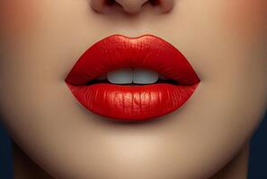 ai generado hermosa mujer con rojo labios. hermosa cara de atractivo niña con rojo lápiz labial en su labios. foto