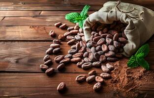 AI generated Cocoa beans in bag on brown wooden background photo