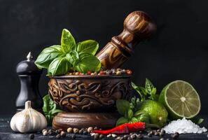 AI generated Mortar and pestle with herbs and spices on black background photo