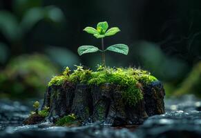 AI generated Tree grows on stump in the forest. A tree stump with its top cracked open photo