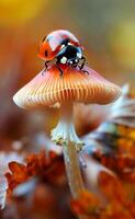 AI generated Ladybug on mushroom. A ladybug perched on the cap of an elegant mushroom photo