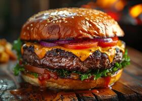 AI generated Juicy beef burger with melted cheese and fresh salad on wooden table photo