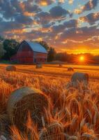 ai generado rojo granero y heno fardos sentar en campo a puesta de sol foto