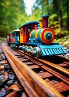 ai generado juguete tren corriendo en el pistas en el bosque foto