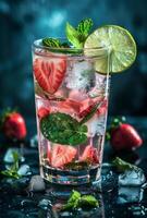 AI generated Strawberry mojito cocktail with lime and mint in highball glass on dark blue stone background photo