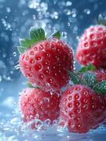 AI generated Strawberries falling into the water with splash photo