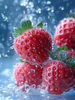 AI generated Strawberries falling into the water with splash photo