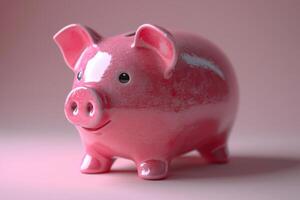 AI generated Pink ceramic piggy bank stands on pink background photo