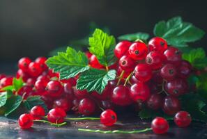 AI generated Red currants with green leaves on dark rustic background. photo