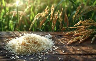 AI generated Jasmine rice and rice plant on the wooden table with the rice field background photo