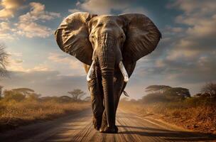 AI generated Single elephant walking in road with the sun behind it photo