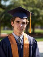 ai generado sonriente joven hombre graduado en gorra y vestido en Universidad instalaciones a dorado hora foto