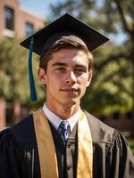 ai generado sonriente joven hombre graduado en gorra y vestido en Universidad instalaciones a dorado hora foto