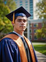 ai generado sonriente joven hombre graduado en gorra y vestido en Universidad instalaciones a dorado hora foto