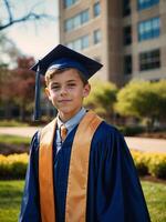 ai generado sonriente chico graduado en gorra y vestido en Universidad instalaciones a dorado hora foto