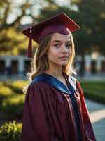 ai generado sonriente hembra graduado en gorra y vestido en Universidad instalaciones a dorado hora foto