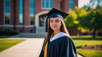 AI generated Smiling Female Graduate in Cap and Gown on University Campus at Golden Hour photo