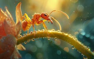 ai generado un macro fotografía obra maestra exhibiendo un hormiga viaje a lo largo un borroso planta vástago foto