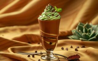 ai generado un alto vaso vitrinas capas de Rico chocolate y menta crema coronado con chocolate virutas foto