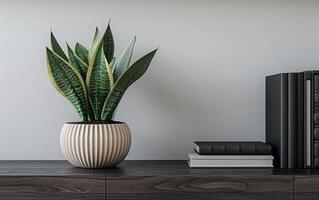 AI generated A potted snake plant adds a touch of greenery to a minimalist shelf arrangement photo