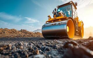 AI generated A vibrant orange road roller paves a new path, its heavy drum compacting asphalt with precision photo