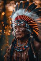 AI generated An esteemed Native American elder, adorned with a traditional headdress and regalia photo