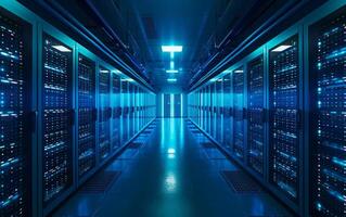 AI generated The symmetrical view of a data center with illuminated server racks photo