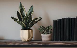 AI generated A potted snake plant adds a touch of greenery to a minimalist shelf arrangement photo