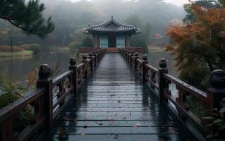 AI generated Misty Traditional Asian Pavilion Over Water photo