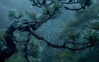 AI generated Misty Morning Spiderweb on Pine photo