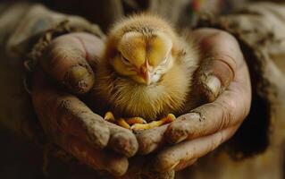 AI generated Tender hands cradle a sleeping chick, symbolizing care and the gentle beginnings of life amidst the earthiness of soil and work photo