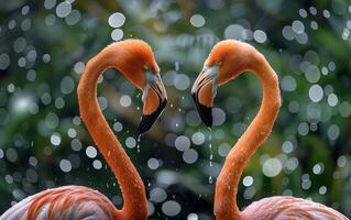 ai generado en un oferta momento de conexión, dos flamencos, su plumas enjoyado con gotas de lluvia foto