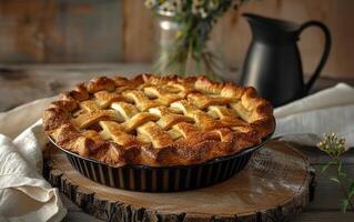 AI generated Freshly Baked Lattice-Top Pie on Rustic Wooden Table photo