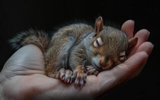 AI generated Newborn Squirrel Nestled in Hands photo