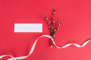 White blank label with pussy willow branches and white ribbon on red background. photo