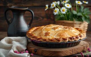 AI generated Homemade Golden Pie on Wooden Table photo