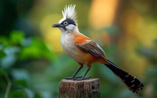 AI generated A striking White crested Laughingthrush perched on a tree stump photo