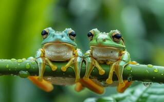 ai generado un cautivador cerca arriba de dos verde ranas reflejando cada otro en un vástago foto