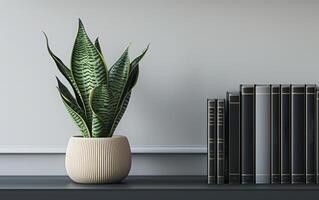 AI generated A potted snake plant adds a touch of greenery to a minimalist shelf arrangement photo