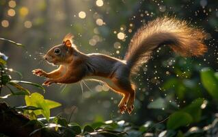 ai generado agraciado salto de un ardilla en iluminado por el sol bosque foto