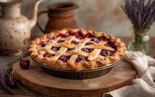 AI generated A freshly baked cherry pie rests on a wooden board, its golden crust and vibrant filling photo