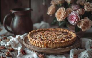 AI generated A freshly baked pecan pie exudes homespun charm, set against a backdrop of soft roses photo