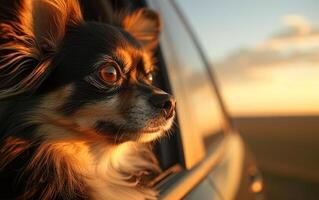 ai generado un pequeño, mullido perro con sorprendentes negro y bronceado piel miradas dentro el distancia foto