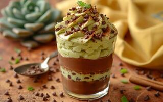 ai generado un alto vaso vitrinas capas de Rico chocolate y menta crema coronado con chocolate virutas foto