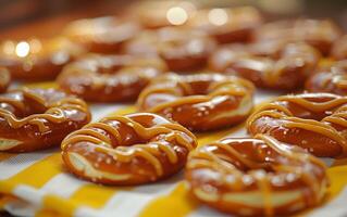 AI generated Close up of caramel drizzle atop golden brown pretzels photo