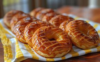 AI generated Close up of caramel drizzle atop golden brown pretzels photo